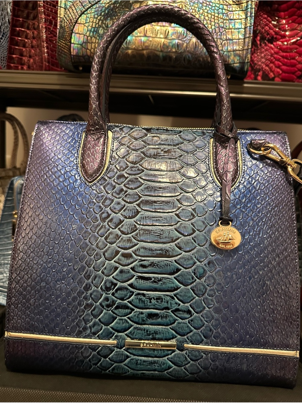 GREAT PRICE Brahmin Sapphire Blue Iridescent Blue/Green/ Purple Satchel - Picture 4 of 14